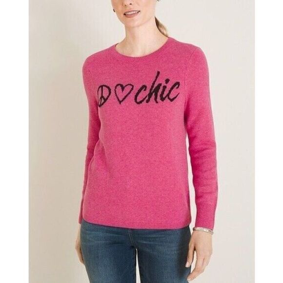Chico's Cashmere-Blend Peace Love Chic Sweater Women's L Pink Pullover Crew Neck - Picture 1 of 12